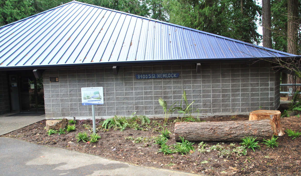 Garden in front of community hall planted with native plants at Metzger Park,