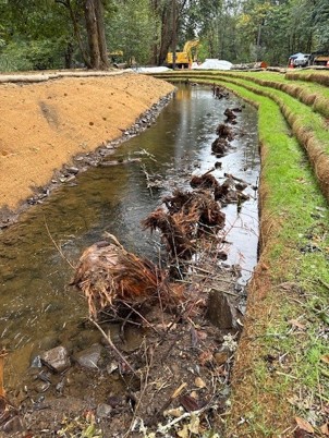 A finished bank stabilization project with layers of straw bales and burlap.